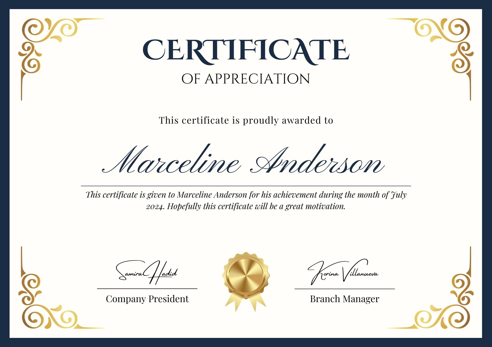 Cream Bordered Certificate of Appreciation